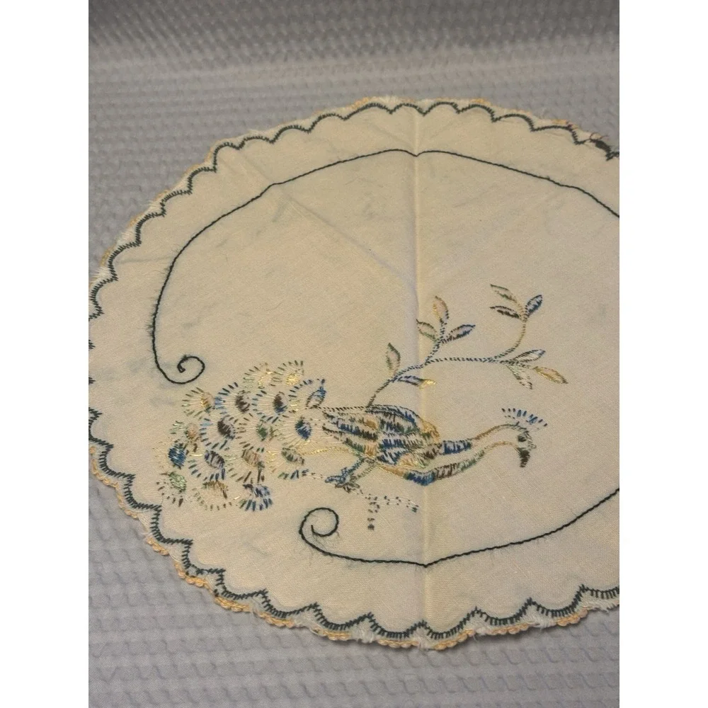 Vintage 12 in Linen Doily Blue Green Embroidered Peacock Handmade 1930-1950